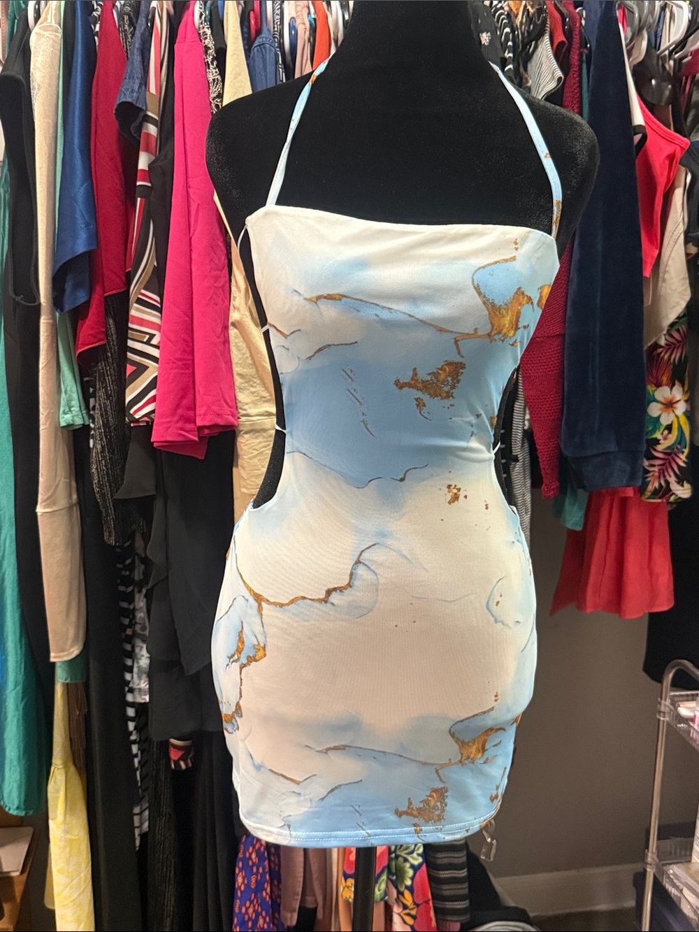 Light Blue Marble Halter Mini Dress with Gold Accents